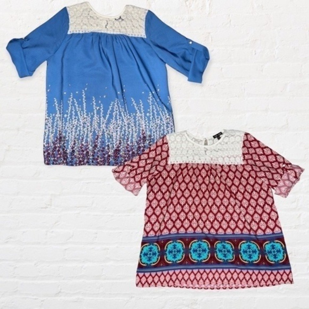 Max + Riley Girls Lace Yoke Tunic Tops Bundle Blue Burgundy Size XL 16 Fits 12